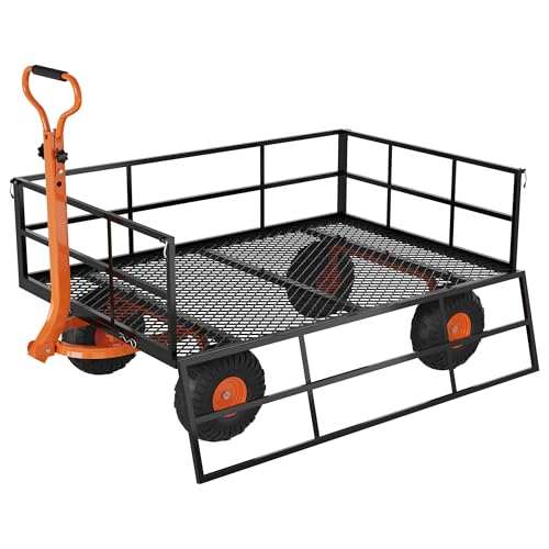 Heavy Duty 1200 Lbs Capacity Mesh Steel Garden Cart Folding Utility Wagon with Removable Sides & 180° Rotating Handle for Garden, Lawn, Warehouse, Farm - color: 1200-black & Orange
