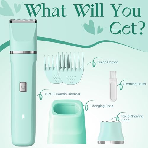 Risina 2-in-1 Bikini Trimmer for Women, Body Hair Trimmer, Electric Shaver | IPX7 Waterproof, Rechargeable, Ceramic Blades, 2 Heads for Bikini Area, Pubic Hair, Face, Legs, Underarms; Wet/Dry - color: Green