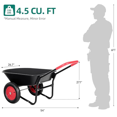 2 Wheel Wheelbarrow, Dual-Wheel Garden Dump Cart with 13" Non-Slip Pneumatic Tires & Ergonomic Padded Handle, Heavy-Duty Home Utility Yard Cart Wagon with 4.5 Cu Ft Capacity for Lawn, Gardening - color: 4.5cbf|black