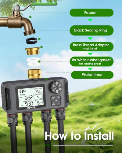 Insoma 4 Zones Sprinkler Timer with Brass Inlet, Water Timer for Garden Hose with Auto/Manual/Rain Delay Mode, Hose Timers for Irrigation Watering System for Yard, Lawn, Plant Watering - size: 4 Outlets