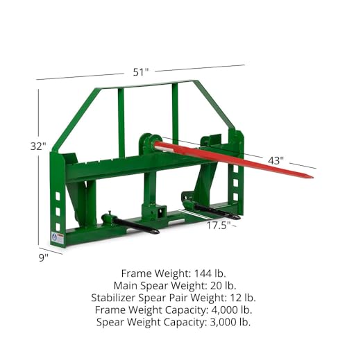 Titan Attachments Standard Series Global Euro Hay Frame with 43" Hay Spear and Stabilizers, Fits John Deere Style Tractors, Hay Spear Sleeves Included, 2" Receiver Hitch, Rated 4,000 LB