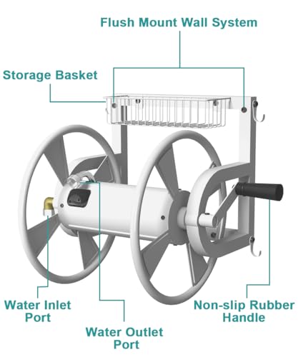 Artigarden Outdoor Wall Mounted Hose Reel with Hook, Garden Heavy-Duty Water Hose Holder Winder with 3.9 ft Leader Hose, Brass Fitting and Storage Basket for Yard, Holds 125 Ft of 5/8-Inch Hose, White - color: White