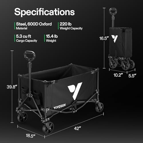 VIVOSUN Collapsible Wagon with Side Gates, 220lb Load-Bearing Outdoor Utility with All-Terrain Wheels, Adjustable Handle, Cup Holders for Camping, Shopping, Garden, Sports, Picnic, Black - style: Extendable Style