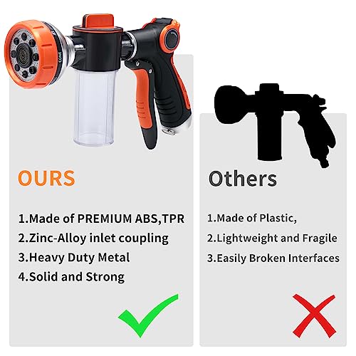 Garden Hose Nozzle,8 Patterns Hose Sprayer High Pressure,Heavy Duty Dog Wash,Metal Water Hose Nozzle with Soap Dispenser,Car Wash Foam Gun With Pets Things - color: Orange
