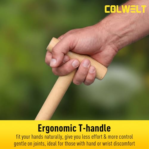 Colwelt Manual Rotary Cultivator, Single-Tine Aluminum Cultivators for Gardening, Garden Hand Tiller Manual with Ergo Wooden t-Handle, Hand Held Cultivator Tool For Flower Beds Cultivate, Aerate, Weed