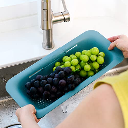 BLUE GINKGO Over the Sink Colander Strainer Basket - Wash Vegetables and Fruits, Drain Cooked Pasta and Dry Dishes - Extendable - New Home Kitchen Essentials (7.9 W x 14.5-19.5 L x 2.75 H) - Teal - color: Green, size: 1 Pack
