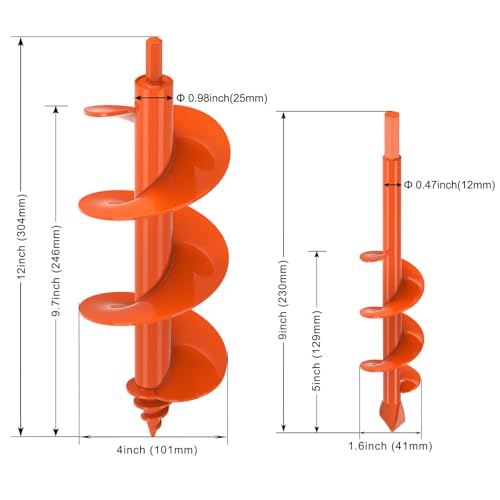 Insaga 2Pack Auger Drill Bit for Post Hole Digger, Spiral Garden Earth Auger Bulb Drill Bit for Planting 1.6 x 9'' and 4 x 12'', Hole Digger for Fence Posts,Flowers Plants, Fits 3/8" Hex Drive Drill - size: 1.6 x 9'' + 4'' x 12''