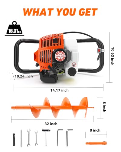 NEO-TEC 63CC Post Hole Digger Gas Powered, 2-Stroke Earth Auger with 8" Bit - size: 63CC+8"+1 Extension