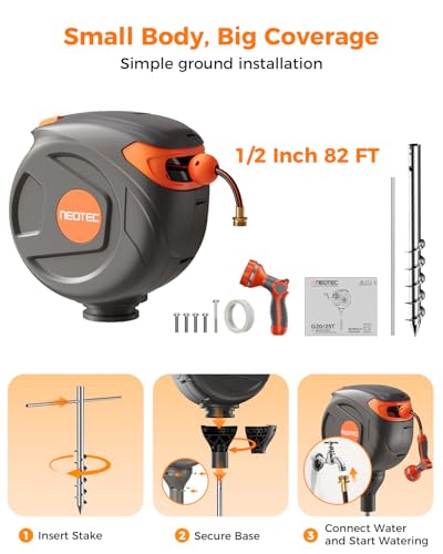 Retractable Garden Hose Reel 360° Swivel 82 ft 1/2 Inch Ground-Mounted Freestanding Water Hose Reel No-Drill Installation Any-Length Lock 20% Slow Return for Large Yard Lawn Car Washing
