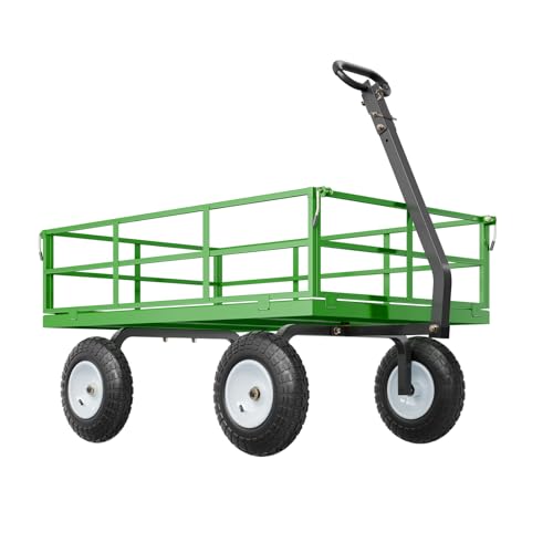 VEVOR 1200 Lbs Steel Garden Cart, Heavy Duty Pullable Garden Wagon Yard Cart, 2 in 1 Outdoor Metal Utility Wagon Yard Trailer with 13" All Terrain Tires, Mesh Removable Sides and 180°Rotating Handle - color: Black+green