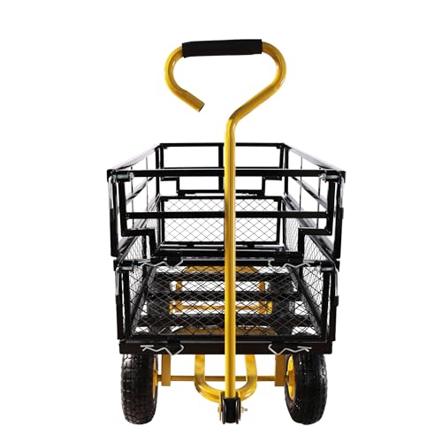 Heavy Duty Garden Wagon with Foldable Sides, Pneumatic Tires, Adjustable Handle (Yellow + Black Double Layer) - color: Yellow + Black Double Layer