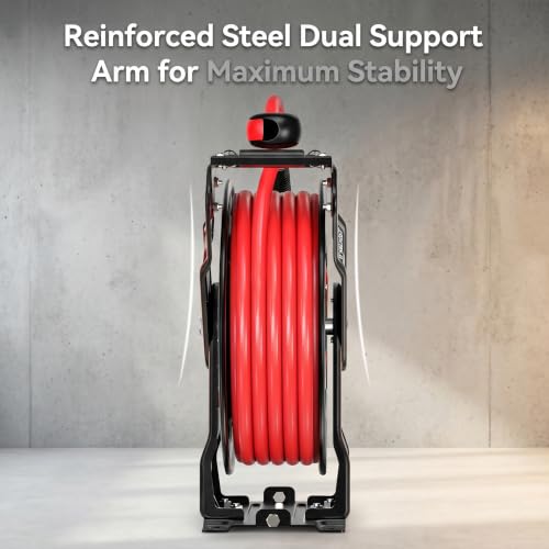 Retractable Air Hose Reel, 50 ft x 3/8 in SBR Rubber Hose Max 300PSI, Heavy Duty Air Compressor with Dual Arms, Auto Rewind, 180° Swivel Ceiling/Wall Mount for Garages, Workshops