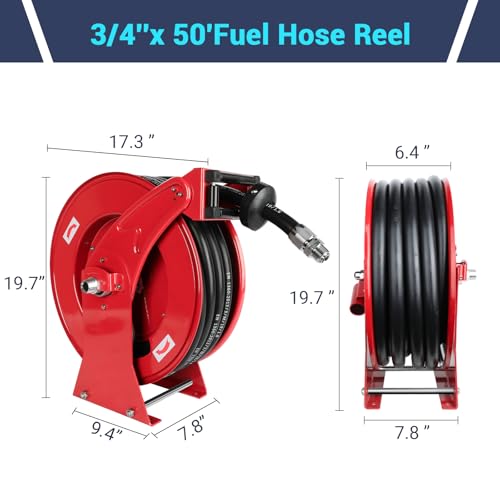 Fuel Diesel Hose Reel Retractable 3/4 inch x 50ft,Spring Driven Automatic Rewind,300 PSI Industrial Heavy Duty Steel Construction Auto Swivel Reels for Truck Farm Aircraft Ship Vehicle Tank Trailer - size: 3/4 inch x 50FT without Fuel Nozzle