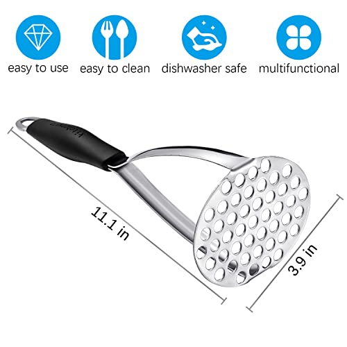 Joyoldelf Heavy Duty Stainless Steel Potato Masher with Potato Peelers, Masher Kitchen Tool & Food Masher/Potato Smasher with Silicone Handle, Perfect for Bean, Vegetable, Fruits, Avocado, Meat - color: Black+Peeler