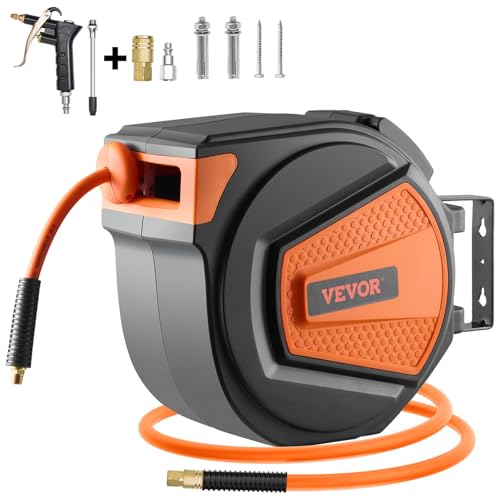 VEVOR Retractable Air Hose Reel, 3/8IN x 65FT Hybrid Air Hose Max 300PSI, Air Compressor Hose Reel Auto-Rewind with 6.6 FT Lead in, Ceiling/Wall Mount Enclosed PP Reel & Built-in 180° Swivel Bracket - size: 3/8IN x 65FT