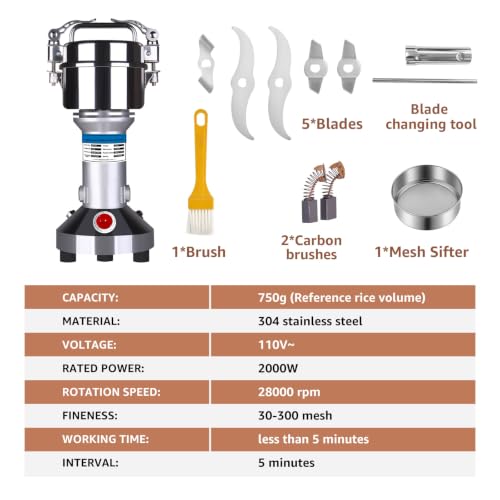 750g Electric Grain Mill Grinder, Stainless Steel High Speed Dry Pulverizer, 2000W Spice Flour Mill for Grains, Coffee Beans, Peppers, Dried Herbs & Dry Cereals for Home & Small Commercial Use