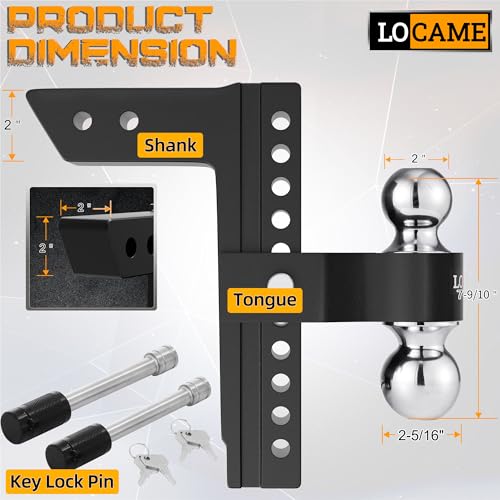 LOCAME Adjustable Trailer Hitch, Fits 2-Inch Receiver Only, 10-Inch Drop/Rise Aluminum Drop Hitch,12,500 LBS GTW-Tow Hitch for Heavy Duty Truck with Double Stainless Steel Locks, Black, LC0023 - color: Black, size: 2" 10drop