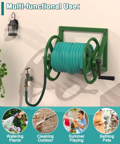 Artigarden Garden Hose Reel Wall Mounted, Outdoor Heavy Duty Powder Coated Metal Water Hoses Holder Winder Holds 125 ft 5/8" Hoses with 3.9ft Leader Hose, Stainless Steel Connector for Outside, Green - color: Green