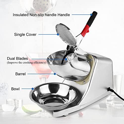 Electric Ice Crusher,110V Electric Ice Shaver Machine with Dual Blades,Bowl and Cover 300W Electric Snow Cone Maker(176lbs/80kg Per Hour,2200rpm) for Shaved Ice,Margaritas,Home Commercial Use(Sliver)