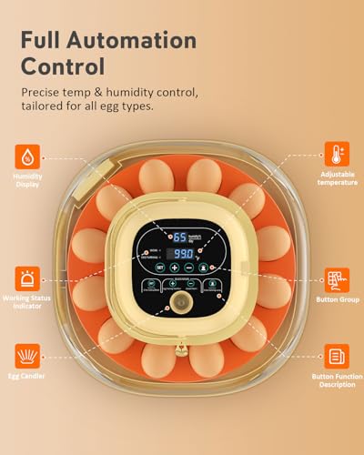 18 Egg Incubator for Hatching Eggs with Automatic Turning, Digital Temperature & Humidity Control, Built-in Egg Candler & Auto Water Refill, 360° Clear View for Chicken, Beige+Orange