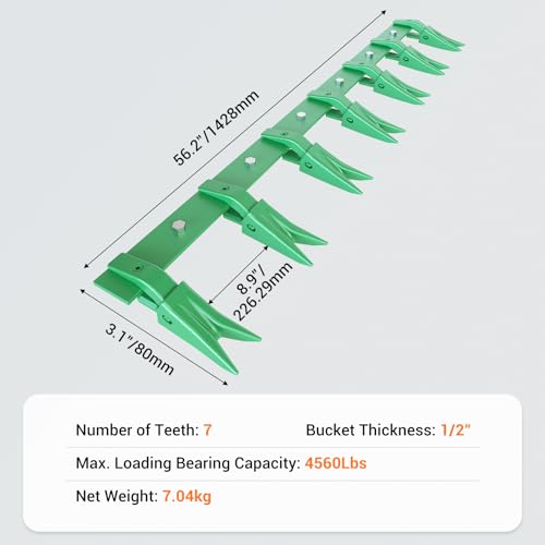 57'' Bucket Tooth Bar for Sub-Compact Tractor, No Drilling Required, Fits 1/2'' or Less Cutting Edge, Green - size: 57"-7 Teeth