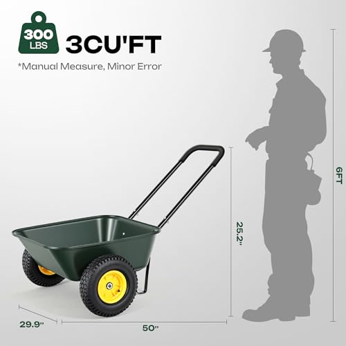2 Wheel Wheelbarrows, Dual-Wheel Garden Dump Cart with 10" Non-Slip Pneumatic Tires & Ergonomic Padded Handle, Heavy-Duty Utility Yard Cart Wagon with 3 Cu Ft Capacity for Lawn, Gardening,Farm - color: 3cbf| Dark Green