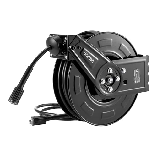 VEVOR Pressure Washer Hose Reel, 60 ft x 1/4 inch Retractable Power Heavy-Duty Steel Washer Hose Reel, 4000PSI Max, Auto-Rewinding, Flexible Wall/Floor Mounted for Car Washing,Garden,Floor Cleaning - size: 60 ft x 1/4 inch, 4000PSI