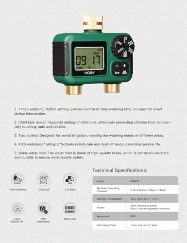 MOES 2 Zone Sprinkler Timer for Garden Hose,Brass Inlet &Outlet Water Timer - size: 2 Zone