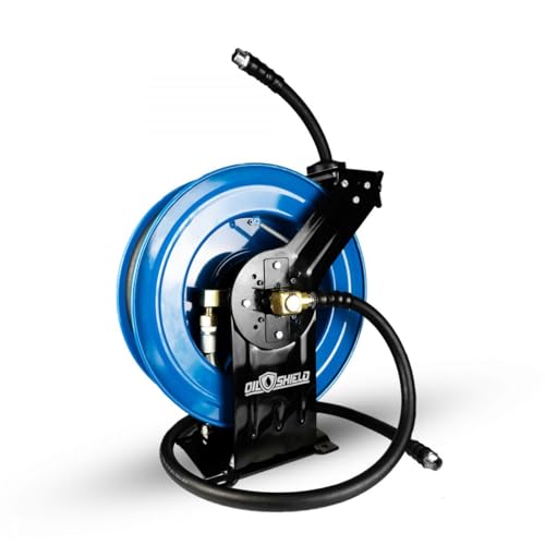 OIL SHIELD OSFHRONE40 Farm Fuel Hose Reel – Heavy Duty Assembly, 1" x 40' Rubber Hose, 1" MNPT, Static Wire, 100 PSI, Kink & Cold-Weather Resistant, Diesel & Gasoline Use