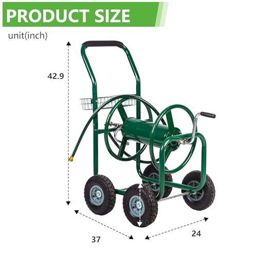 FDW Garden Hose Reel Cart, Water Hose Cart with 4 Wheels, Hold Up to 300 ft of 5/8’’ Hose,Heavy Duty Powder-Coated Steel Planting with Storage Basket, for Garden, Yard and Lawn - color: Green
