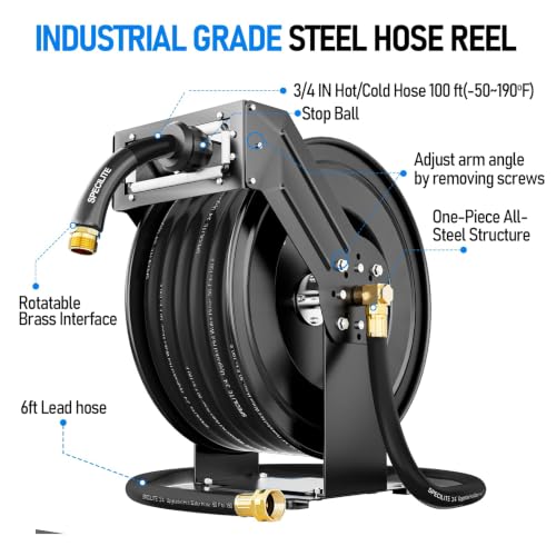 SPECILITE Retractable Garden Hose Reel with 3/4" 65ft Hot/Cold Pipe, Black - color: Black, size: 3/4'' 65 FT