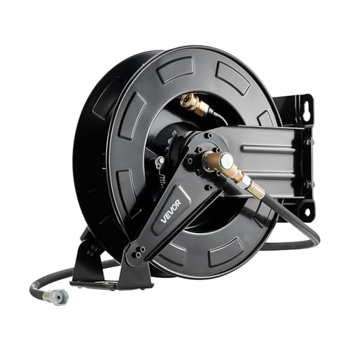 VEVOR Pressure Washer Hose Reel, 50 ft x 3/8 inch Retractable Power Heavy-Duty Steel Washer Hose Reel, 4000PSI Max, Auto-Rewinding, Flexible Wall/Floor Mounted for Car Washing,Garden,Floor Cleaning - size: 50 ft x 3/8 inch, 4000PSI