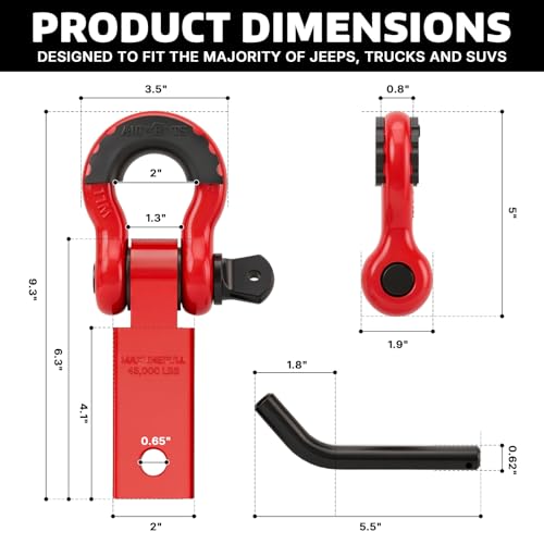 AUTOBOTS Shackle Hitch Receiver 2", Heavy Duty Recovery Hitch Red-Red - color: RED-RED