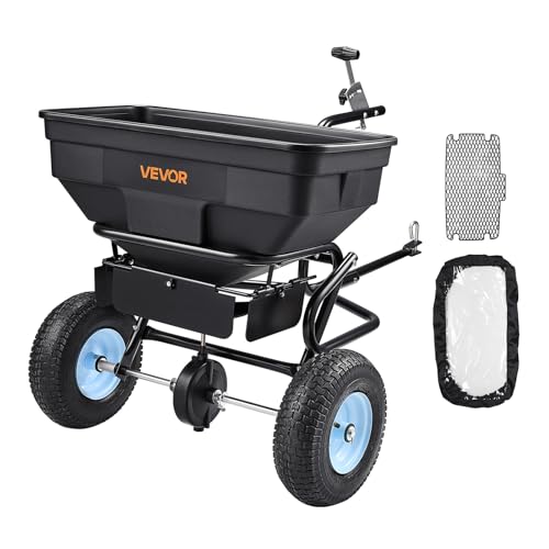 VEVOR Tow Behind Broadcast Spreader, 130LBS Capacity, Tow/Push Garden Spreader with 13 in Tires, 30 Adjustable Setting & 9.8 ft Spreading Width, Lawn Spreaders for Seed, Fertilizer, Salt, Ice Melt | For Lawn & Garden Care, 30 Adjustable Settings & 9.8 ft