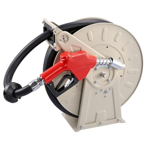 VEVOR Fuel Hose Reel, 1" x 33', Extra Long Retractable Diesel Hose Reel, Heavy-Duty Carbon Steel Construction with Automatic Fuel Nozzle, NBR Rubber Hose for Aircraft Ship Vehicle Tank Truck, 300 PSI - size: 1" x 33'