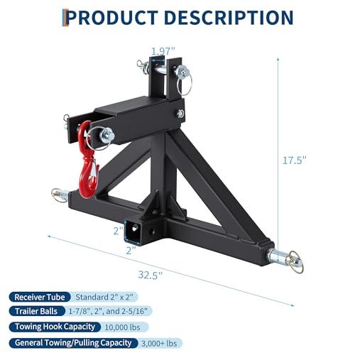 Heavy Duty 3-Point Quick Hitch Receiver for Category 1 Tractors, 2" Drawbar Adapter & Towing Hook, High Strength Construction for Implements & Trailers, Black