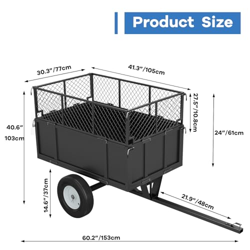 Heavy Duty Steel Dump Garden Cart - 17 Cu.Ft, 750 lbs Capacity, Removable Sides, Collapsible Mesh Fence, Pneumatic Tires, Quick-Dump - Tow Behind Utility Trailer for Lawn Mowers, Tractors,