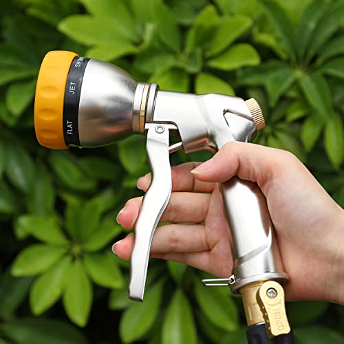 FANHAO Metal Garden Hose Nozzle Heavy Duty, 7 Adjustable Spray Patterns - color: Silver & Yellow, size: Multi-Pattern