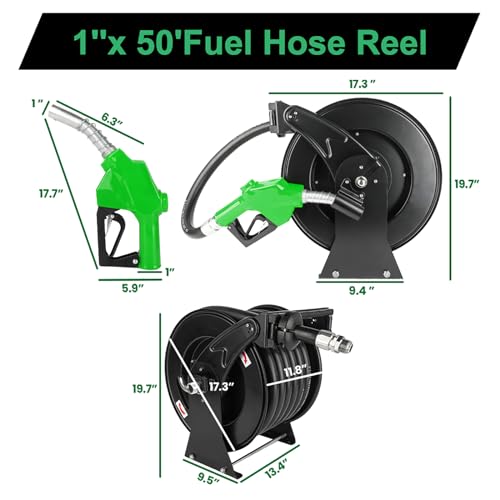 1 Inch Fuel Hose Reel With Fueling Nozzle, 50 Foot Heavy Duty Diesel Retractable, 300 PSI Industrial Auto Rewind Mount for Def Fluid Tank Truck Bed Trailer Boat Cart - size: #063-1" x 50ft, Black