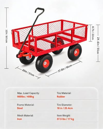 900 LBS Heavy Duty Steel Garden Cart, 3-in-1 Yard Wagon, 10" Air Tires | 900 LBS Capacity; 3-in-1 Convertible Sides; 10" Pneumatic Tires; Steel Frame; For Soil, Garden & Plants Tools Transport.