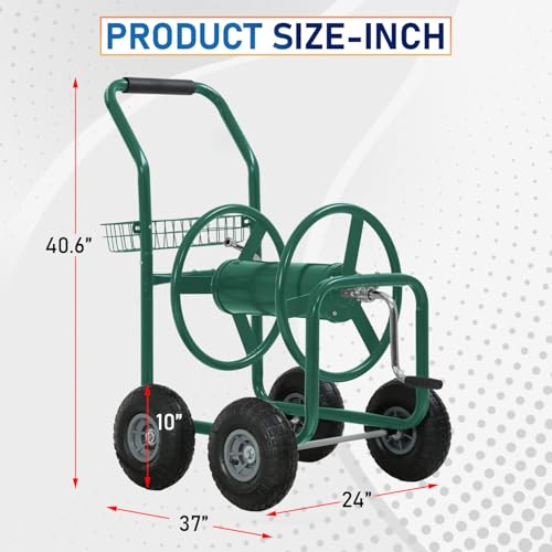 FDW Garden Hose Reel Cart, Water Hose Cart with 4 Wheels, Hold Up to 300 ft of 5/8’’ Hose,Heavy Duty Powder-Coated Steel Planting with Storage Basket, for Garden, Yard and Lawn - color: Green-1