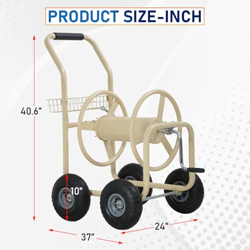 FDW Garden Hose Reel Cart, Water Hose Cart with 4 Wheels, Hold Up to 300 ft of 5/8’’ Hose,Heavy Duty Powder-Coated Steel Planting with Storage Basket, for Garden, Yard and Lawn - color: Tan-1