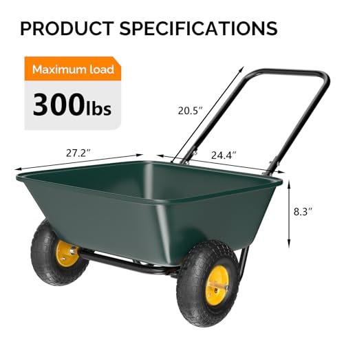 VINGLI 2륜 수레, 플라스틱 및 스틸 휠 배럴, 149.7kg(330파운드) 용량 정원 카트 잔디, 원예, 건설용 - color: 초록색.