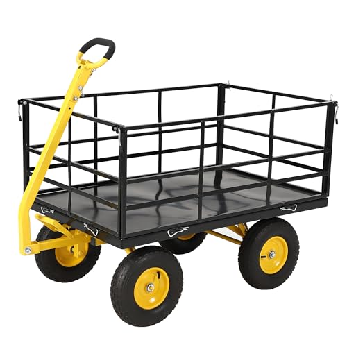 Steel Garden Utility Wagon – 1500 lbs Capacity, 13-Inch All-Terrain Wheels, Removable Sides, 180° Swivel Handle – Towable Flatbed Cart for Lawn, Yard, Farm – Red Rims, Black Frame, Black - color: Black