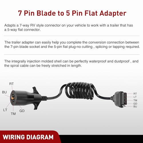 Nilight 7 Way to 5-Way Coiled Trailer Extension Wiring Harness 5FT - color: 7Pin to 5Pin Coiled Cable
