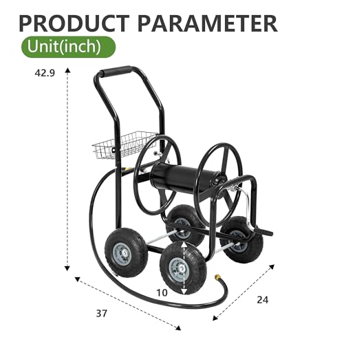 Hose Reel Hold Up To 300 Ft Heavy Duty Garden Hose Reel Sturdy Water Hose Reel Cart with 4 Wheels Storage Basket for Garden Lawn Yard Outdoor (Black) - color: Black