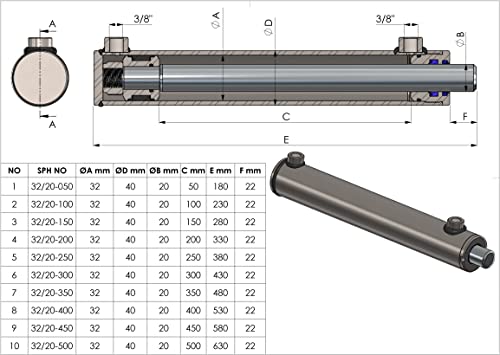 Spare Parts Holland - Double Acting Hydraulic Cylinder, 1.26" Tube with 0.8" Chrome Rod, 8" Stroke Length, Professional Grade - size: 1.26" - 8"