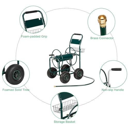 Garden Hose Reel Cart, Portable 4 Wheels Water Hose Reel Cart with Storage Basket, Heavy-Duty Water Hose Holder Trolley for Yard Garden Farm Green As Shown