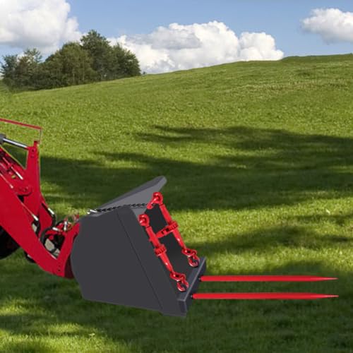 Dual Prong 43" Hay Bale Spear Attachment, Front Skid Steer Tractor Loader Bucket Attachment Conus 2 Tines, Chains and Ratchet Binders Included