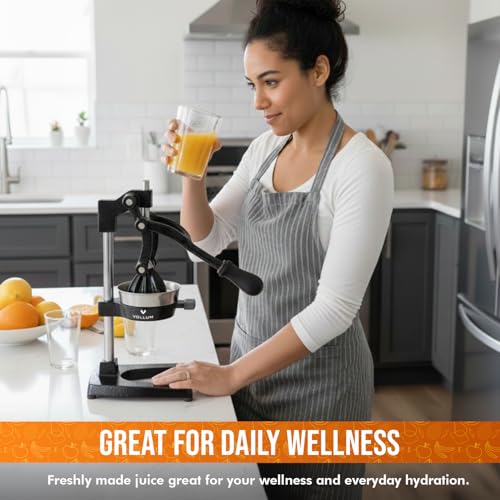 Manual Fruit Juicer,Commercial Grade Home Citrus Lever Squeezer for Oranges, Lemons, Limes, Grapefruits and More,Stainless Steel and Cast Iron,Non-skid Suction Cup Base,15 Inch,Black,by Vollum - color: Black